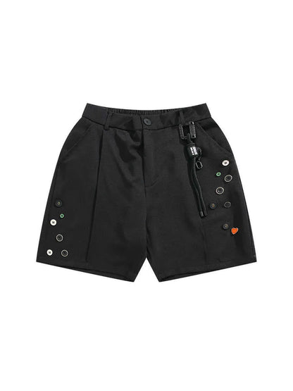Men's black loose fit shorts with elastic waistband and zip fly in straight-leg design