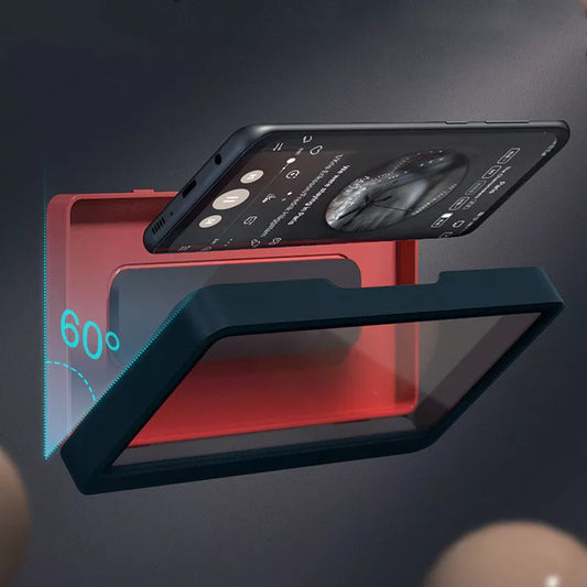 Waterproof wall-mounted phone stand in white and blue, no drilling required