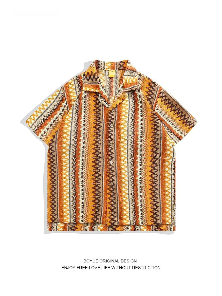 Ethnic style woven Cuban collar shirt with contrast colours, loose fit, and short sleeves.