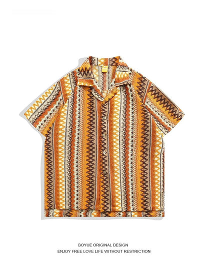 Ethnic style woven Cuban collar shirt with contrast colours, loose fit, and short sleeves.