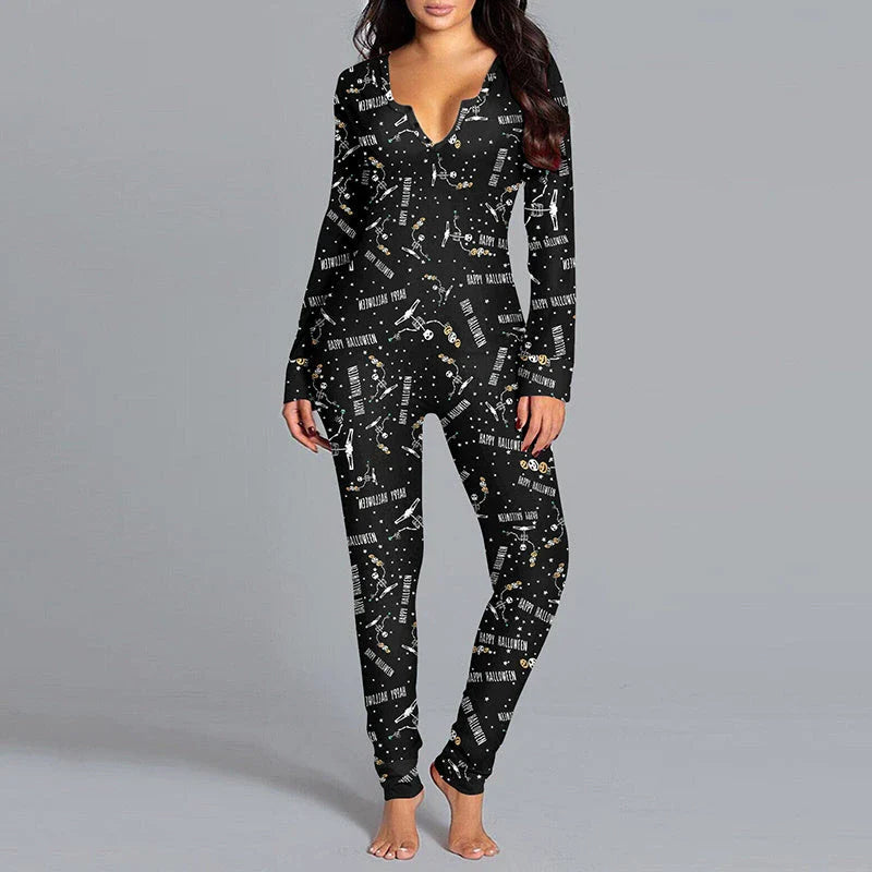 Spooktacular Halloween jumpsuit with unique printed design and relaxed, comfortable fit