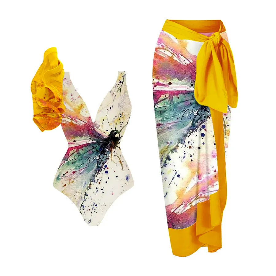 Yellow women's one-piece swimsuit with conservative belly coverage design