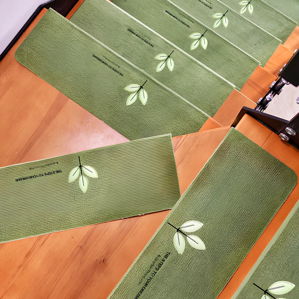 Self-adhesive luminous stair mat with glow strips on wooden staircase, rectangular design with hemmed edges