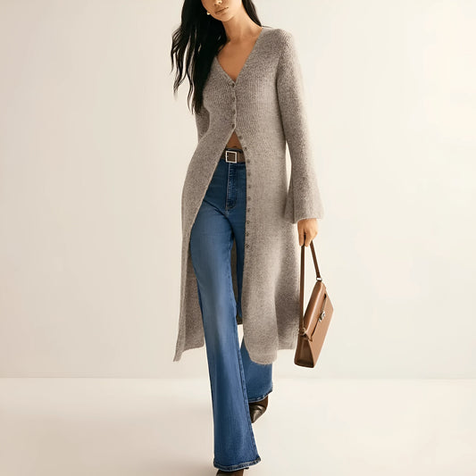Khaki women's long sleeve cardigan coat with button front in a French retro style