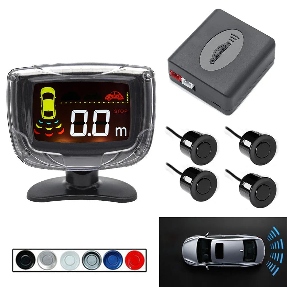 Black wireless vehicle reversing sensor system with LED display unit and four round probes.
