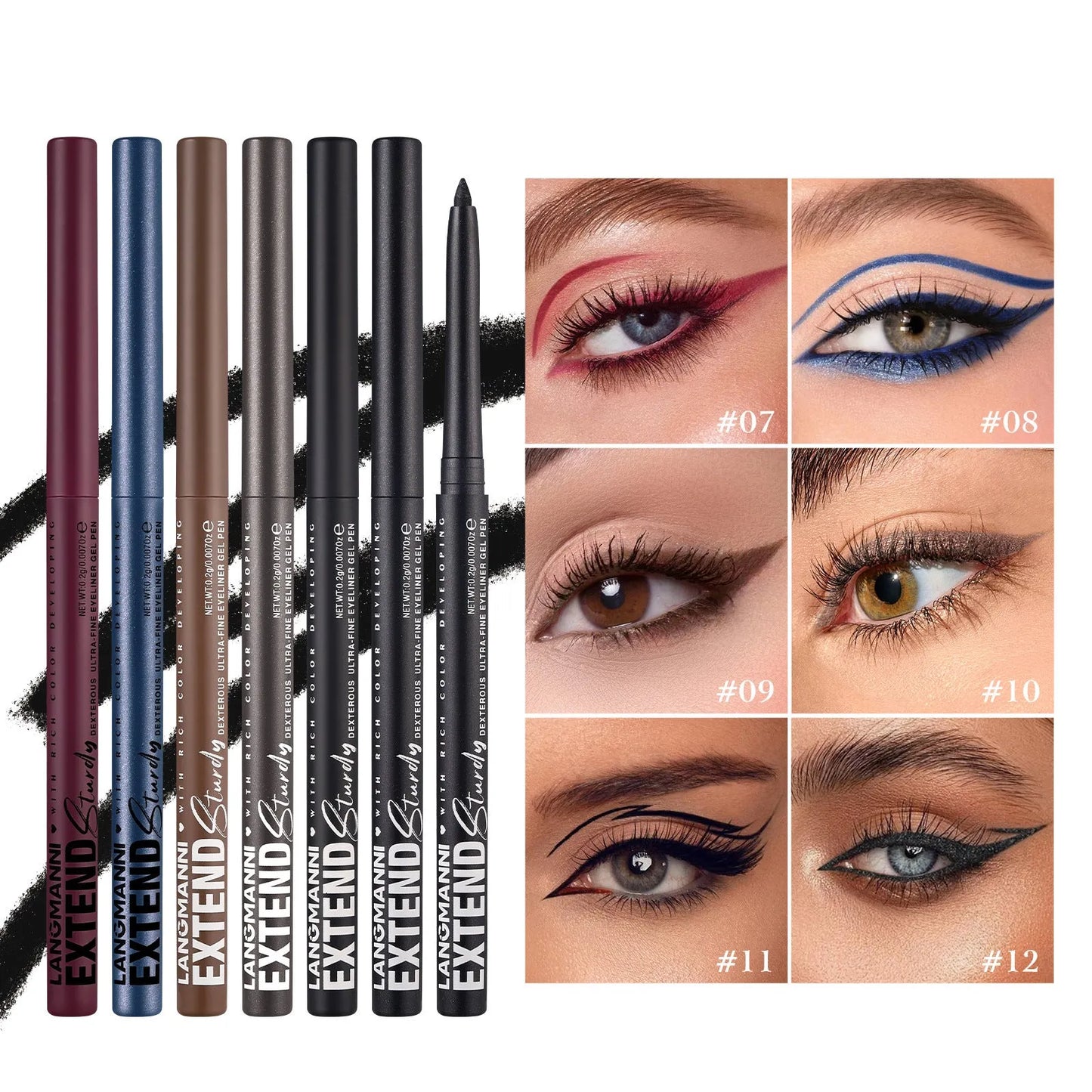 12 colourful gel glitter eyeliner pencils with matte and glitter finishes in waterproof formula