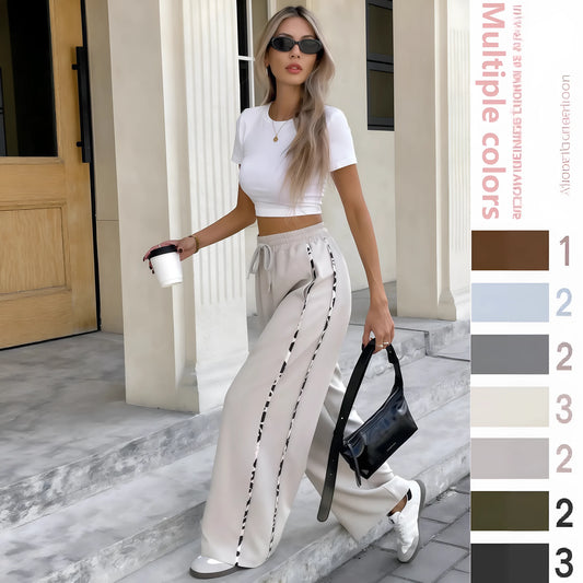 High waist sports casual trousers with lace-up drawstring in loose straight leg fit