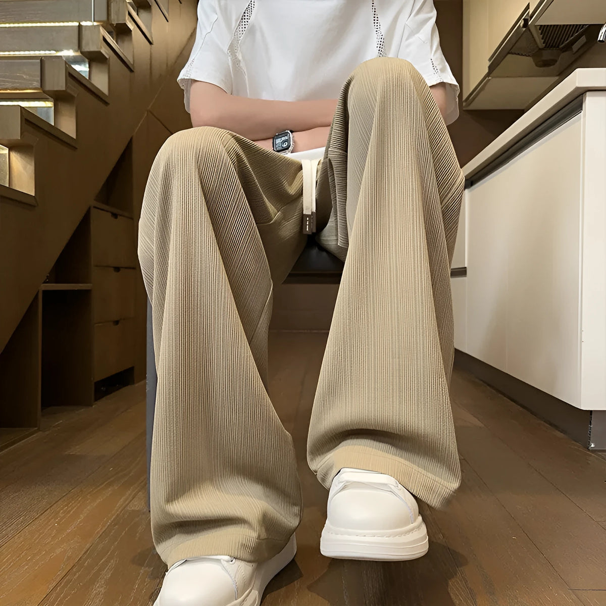 Men's summer loose straight polyester casual trousers in white, black, khaki, or apricot, sizes M to 5XL