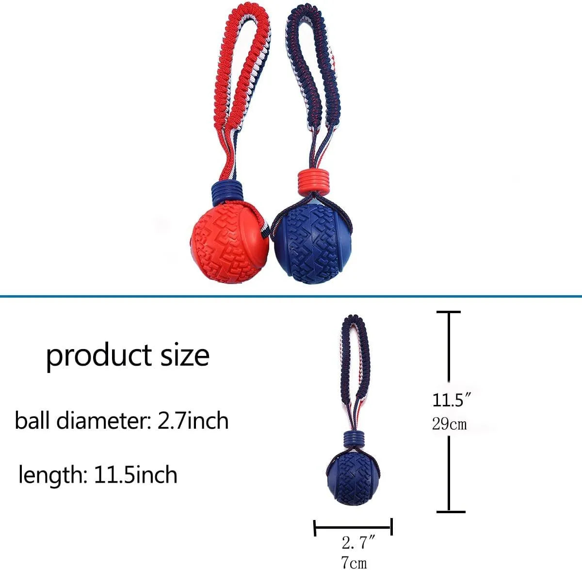 Blue dog ball with rope toy showing 6.5cm textured rubber ball attached to 29cm rope for dental cleaning and tug-of-war