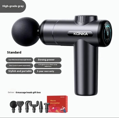 Konka V19 massage gun in grey colour with 8 silicone massage heads and charging wire