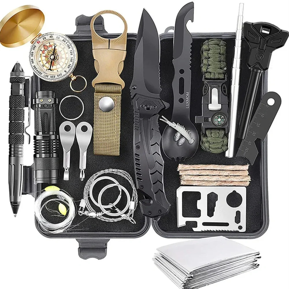Outdoor survival kit with alloy multi-tool, emergency whistle, compass, and tools in waterproof plastic case