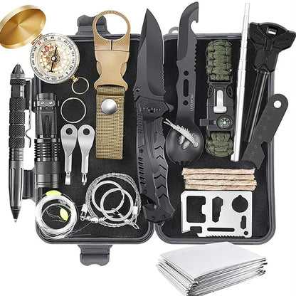 Outdoor survival kit with alloy multi-tool, emergency whistle, compass, and tools in waterproof plastic case