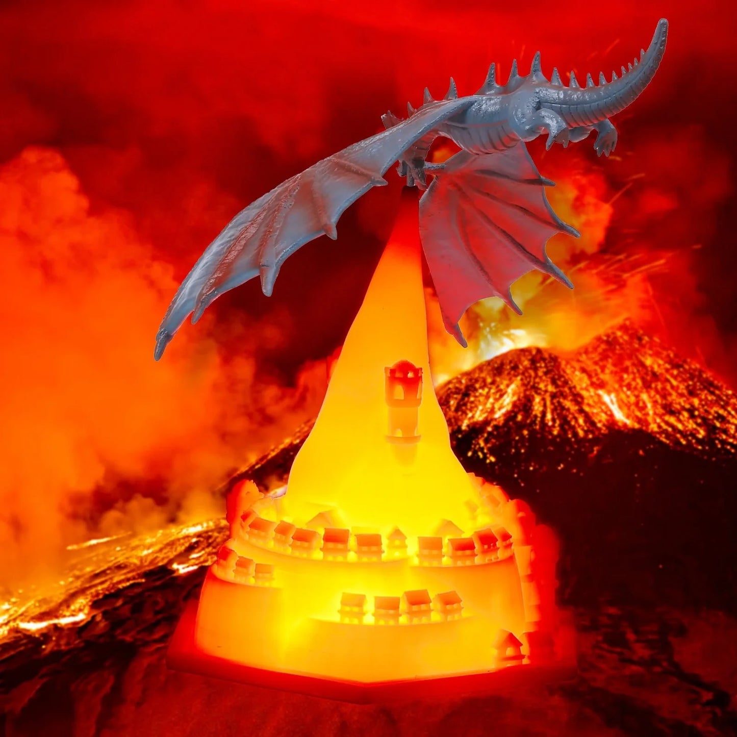 Breathing lamp with 200mm PVC shade in dragon design colours on wooden surface