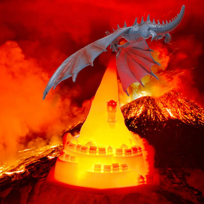 Breathing lamp with 200mm PVC shade in dragon design colours on wooden surface