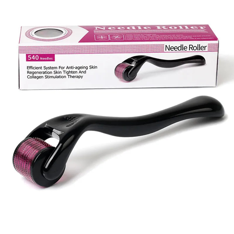 Black derma roller with titanium microneedles for facial skin and hair treatment, showing needle close-up
