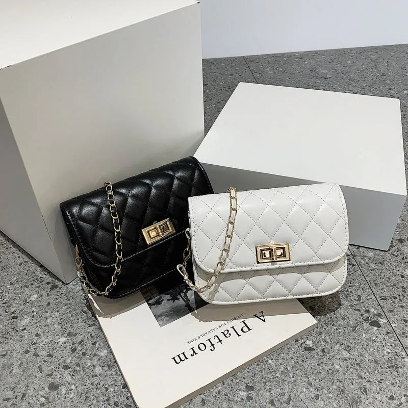 Women's PU shoulder messenger bag with diamond chain and sewing thread trim, black or beige, large 18cm or small 12cm