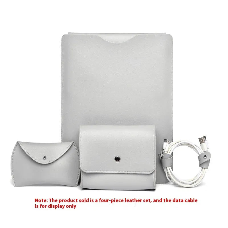 Four-piece set of imitation leather laptop edge protective covers in brown, grey, apricot, and light pink colours