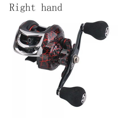Baitcasting fishing reel with magnetic brake and high gear ratio in crack red