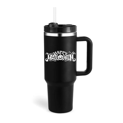 40 oz stainless steel insulated tumbler with handle and straw in tapered mug design