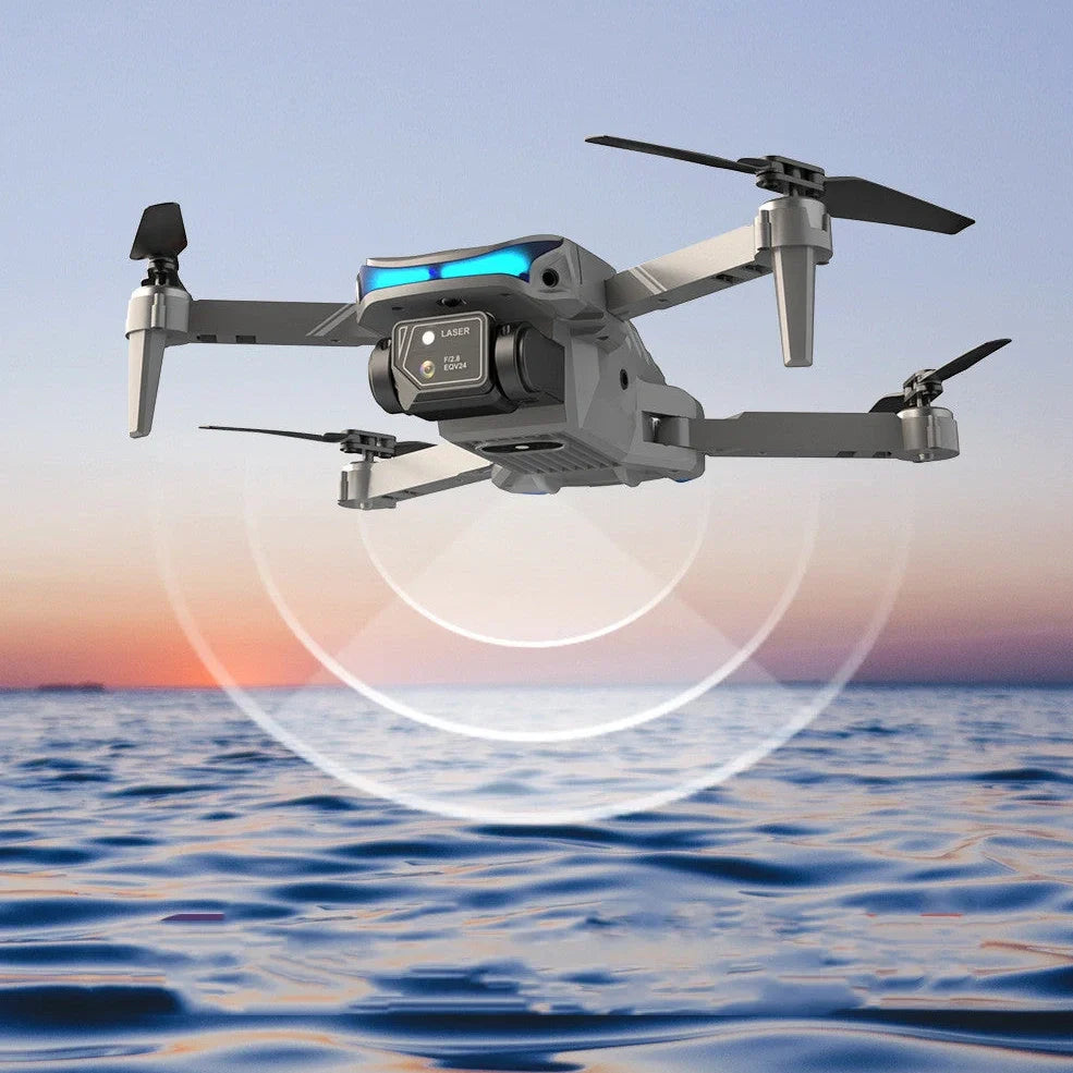 Black foldable drone with dual 4K cameras, unfolded to 18cm with protective covers installed