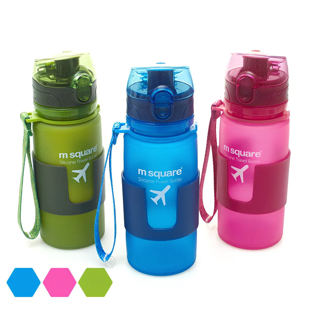 Blue portable Platinum Silicone water bottle 500ml capacity folded for hiking and cycling use