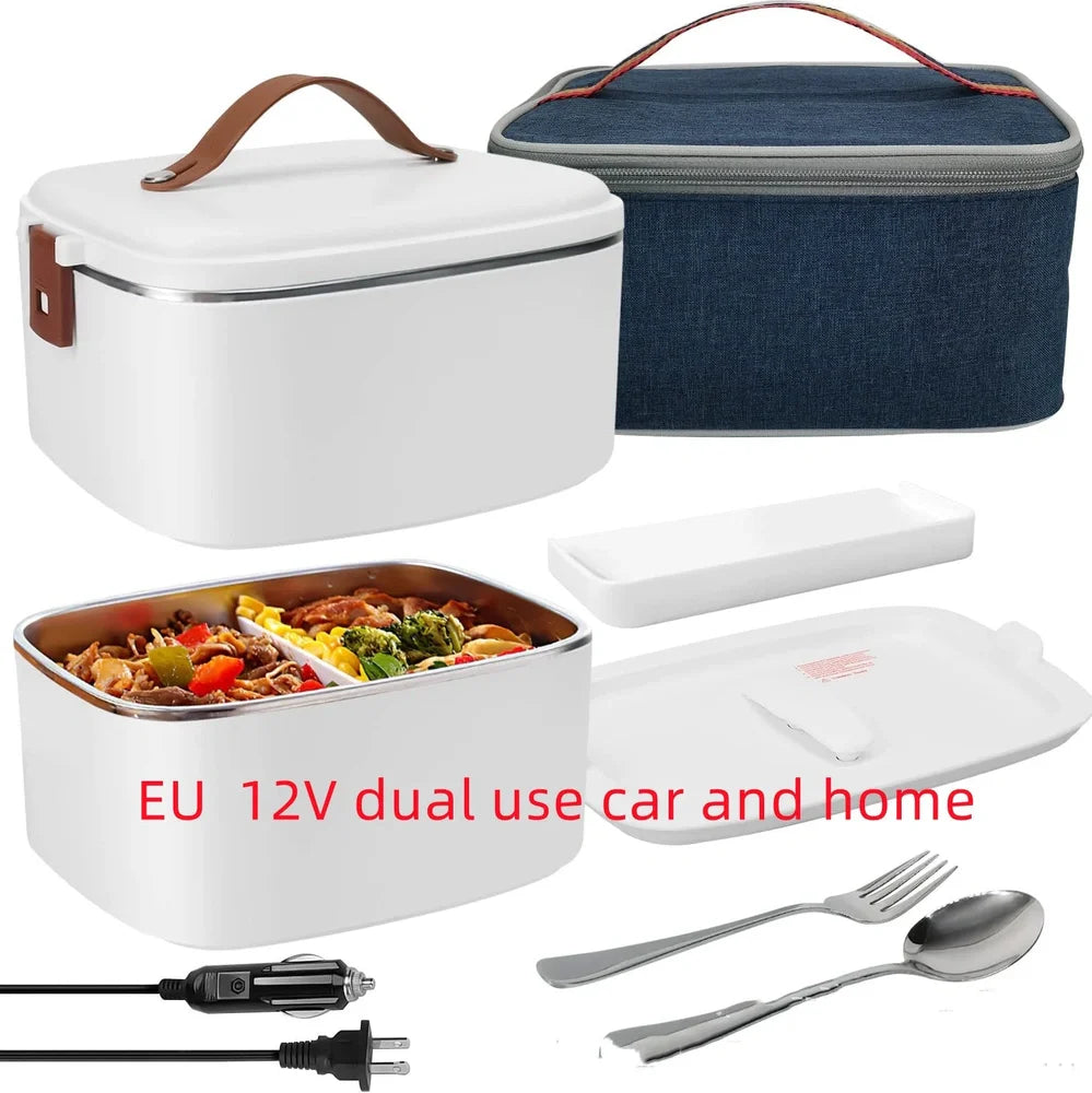 White car heating lunch box with stainless steel interior showing power cords and utensils