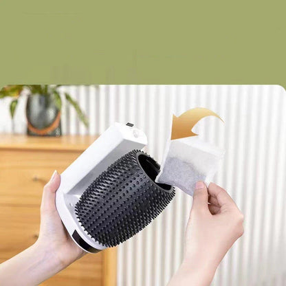 A wall-mounted, self-grooming brush for cats with soft bristles and a compact, white design.