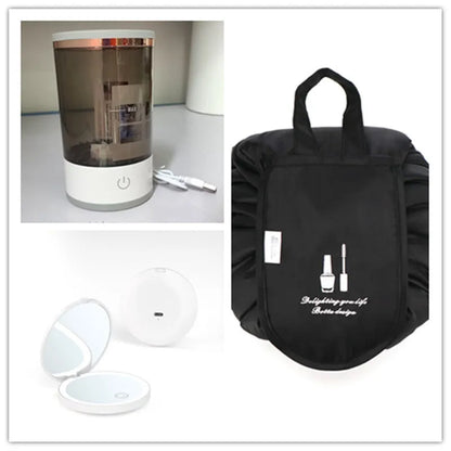 Grey and white portable electric makeup brush cleaner with USB charging cable.