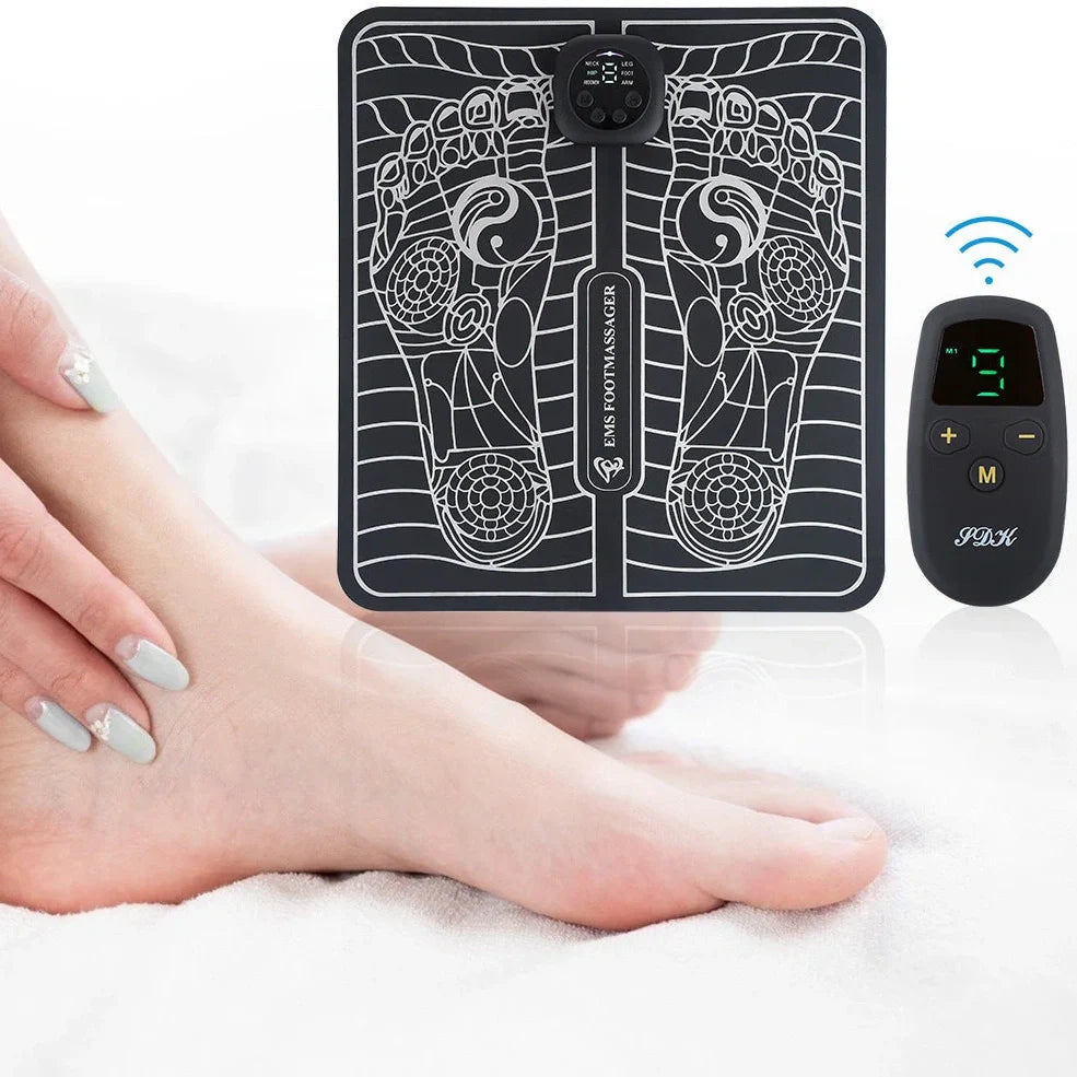 Black remote control EMS foot massage machine with wireless operation and USB charging port