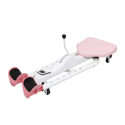 Steel-framed leg stretching equipment with foam padding in pink or blue, optional backrest version available