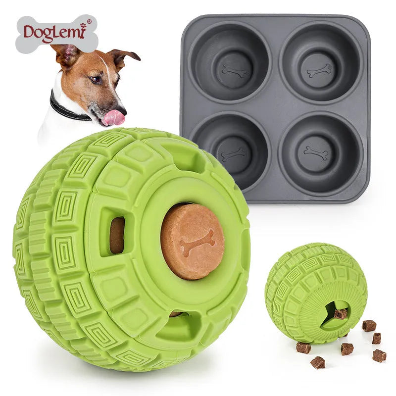 Natural rubber pet dropping ball toy for cats and dogs made of 100% natural rubber with a diameter of approximately 10cm and a height of 14cm, available in green or orange for interactive play, chew-resistant, bouncy, and non-toxic pet ball