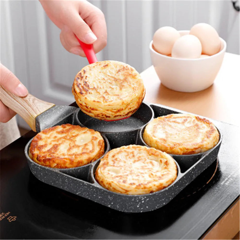 Aluminium four-hole non-stick frying pan with bakelite handle for omelettes and pancakes