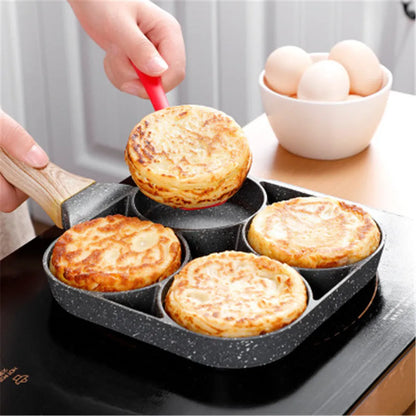 Aluminium four-hole non-stick frying pan with bakelite handle for omelettes and pancakes