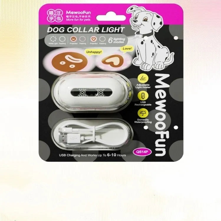 Pet luminous collar light with multicolour LED patterns and hanging ring for dog collar attachment