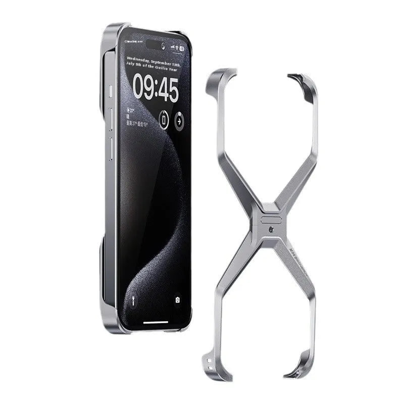 X-shaped aluminium alloy frameless half-pack phone case for iPhone 13 14 15 Pro Max in Bright Moon Silver, Dark Gray or Titanium Gold
