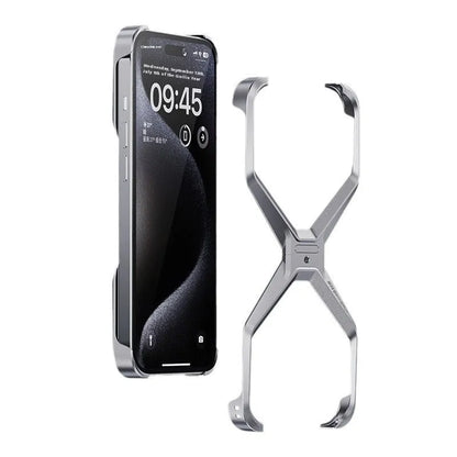 X-shaped aluminium alloy frameless half-pack phone case for iPhone 13 14 15 Pro Max in Bright Moon Silver, Dark Gray or Titanium Gold