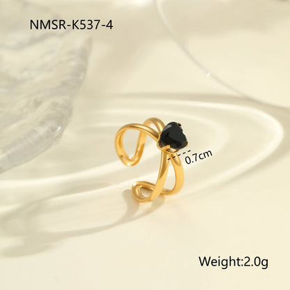 Titanium steel open mouth ring with geometric design and inlaid zircon stones for women