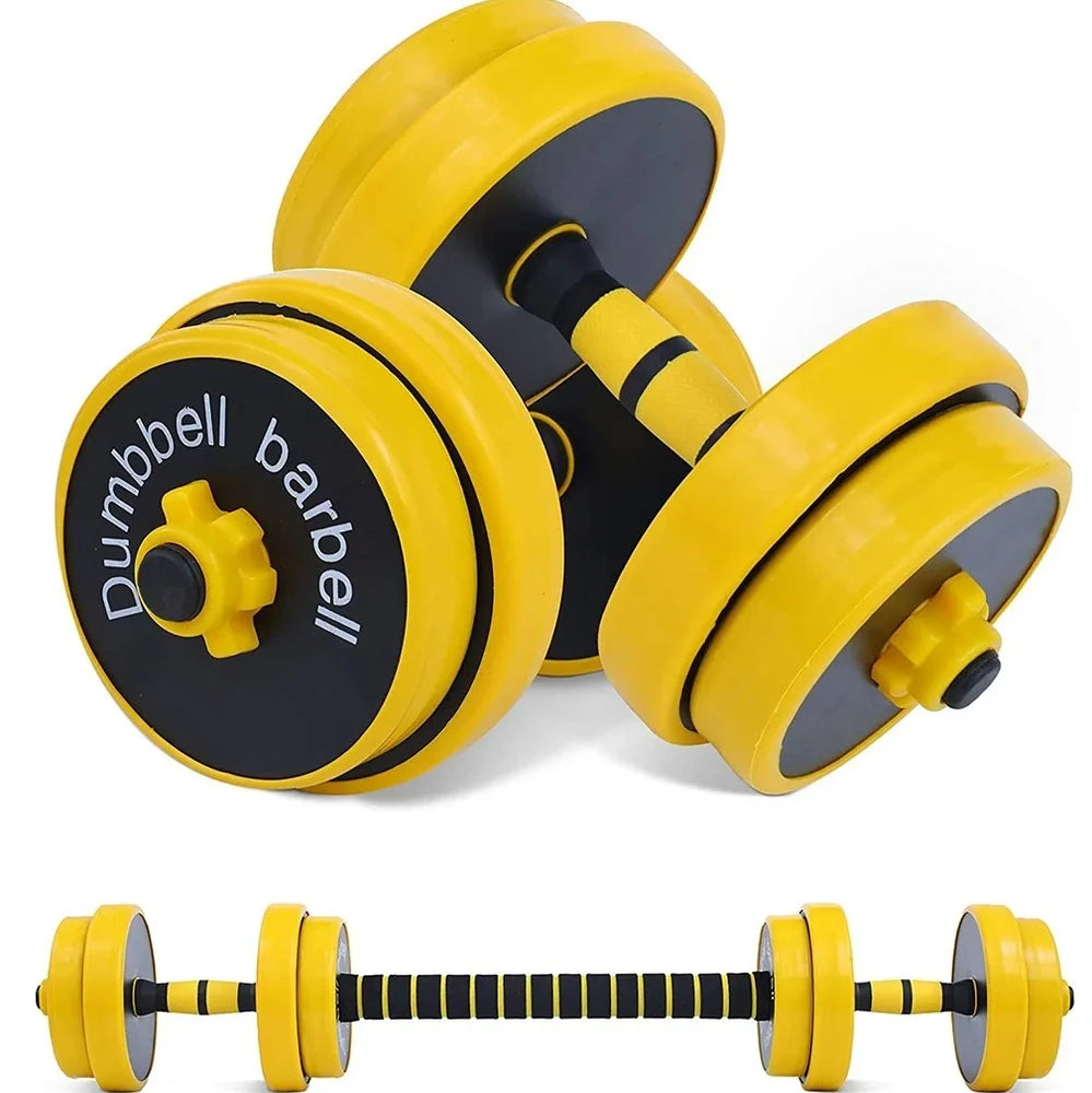 Yellow adjustable dumbbell barbell set with connecting rod and weight plates for home strength training