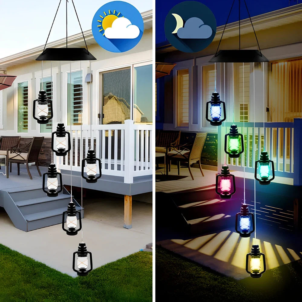 Solar-powered wind chime garden lamp with hummingbird design, automatic day-night operation, waterproof construction