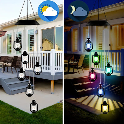 Solar-powered wind chime garden lamp with hummingbird design, automatic day-night operation, waterproof construction