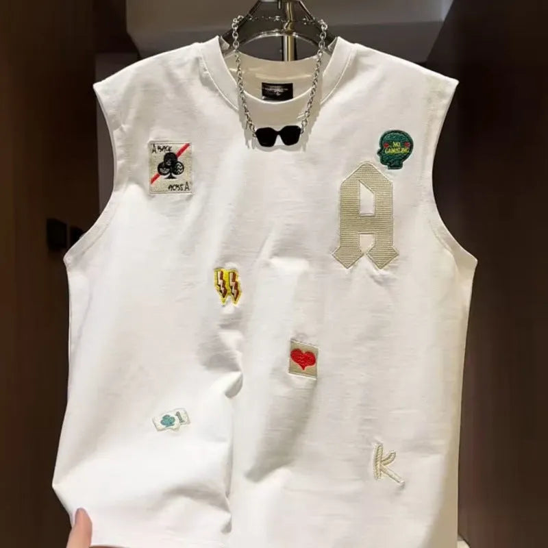 Men's white cotton sleeveless vest t-shirt with cartoon graphic print in loose fit