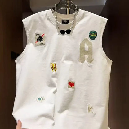 Men's white cotton sleeveless vest t-shirt with cartoon graphic print in loose fit