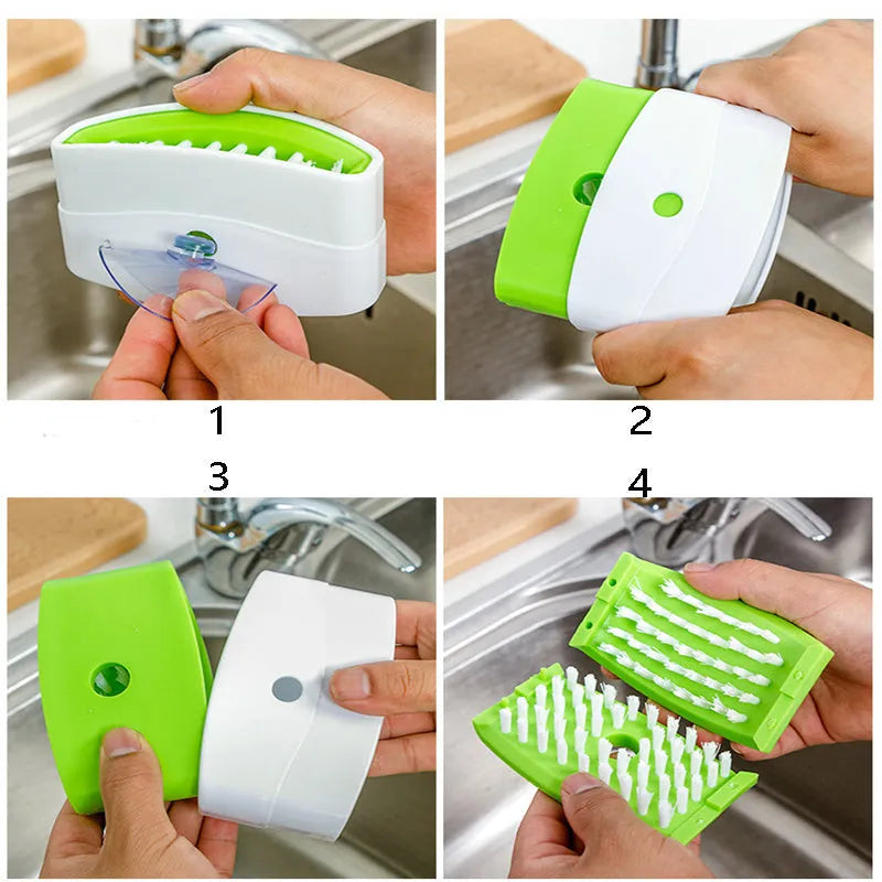 Blue kitchen brush with utensil slots and suction cup for fruit and vegetable cleaning