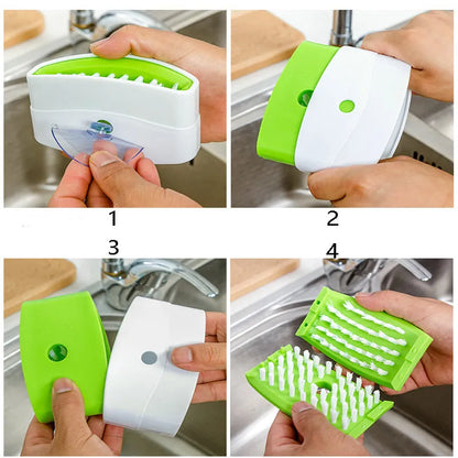 Blue kitchen brush with utensil slots and suction cup for fruit and vegetable cleaning
