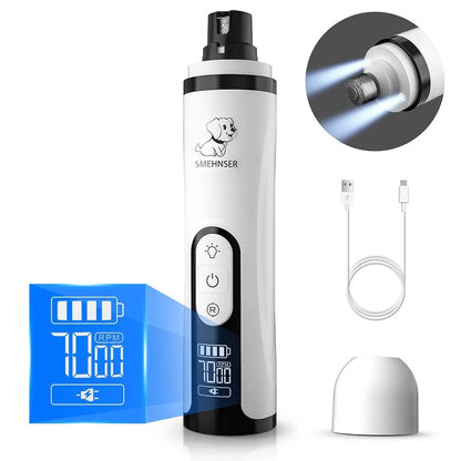 Electric dog nail trimmer device with LED display showing speed settings and dust collection system