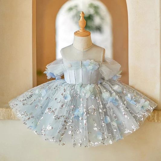 Blue girls' princess style dress with cute elements, suitable for heights 80cm to 150cm