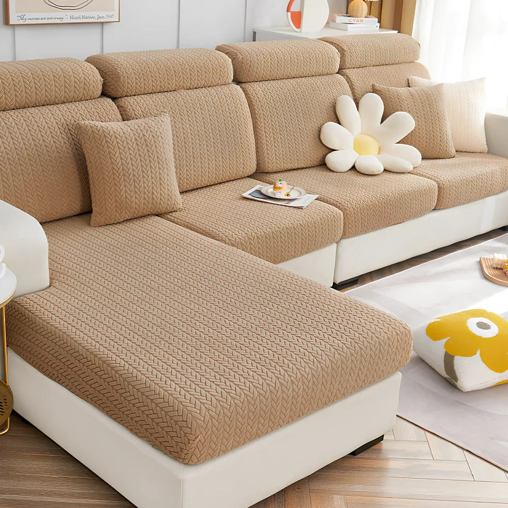 Elastic sofa cover with plant flower pattern on combination sofa in lake blue colour