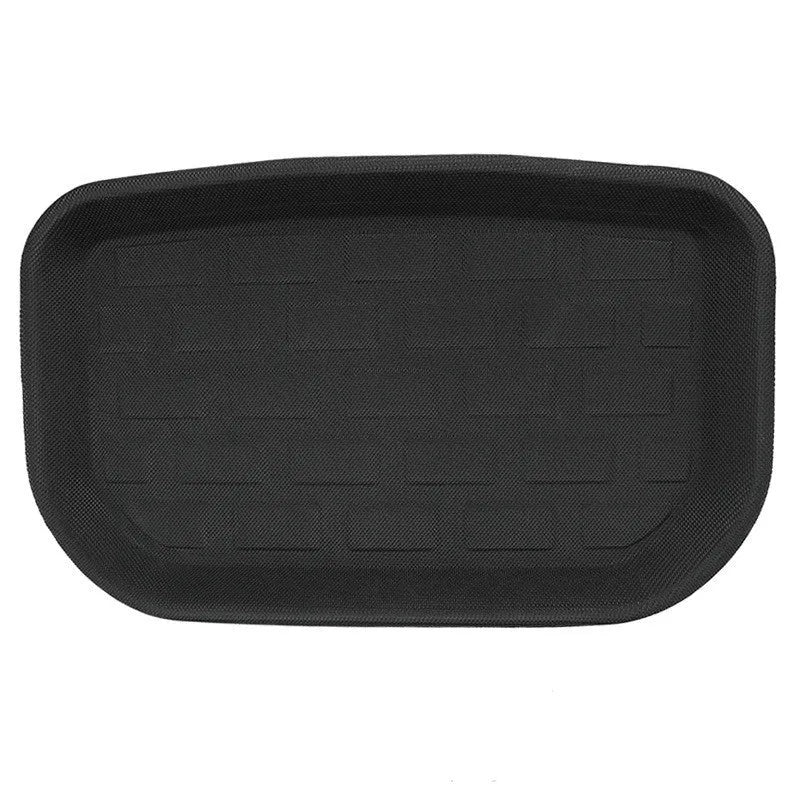 Tesla Model Y TPR floor mat set showing foot mats, storage box mats, and tailbox mats