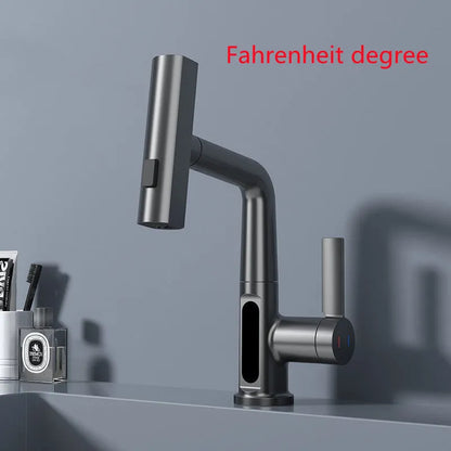Modern digital display kitchen tap with pull-out spray hose showing LED temperature screen.