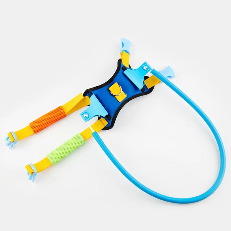 Blue adjustable anti-collision safety ring for dogs, shown on a neck model.